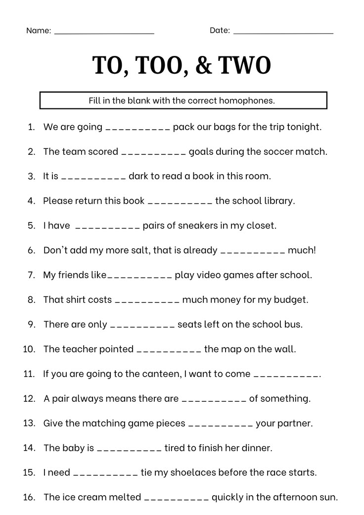 To, Too, and Two Grammar Worksheet Pack