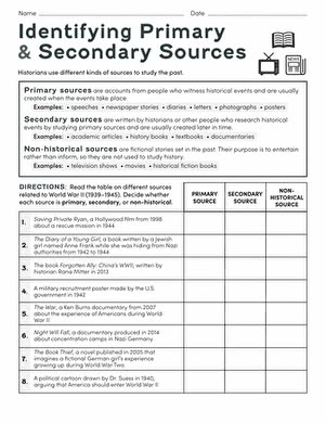 Identifying Primary and Secondary Sources Worksheet