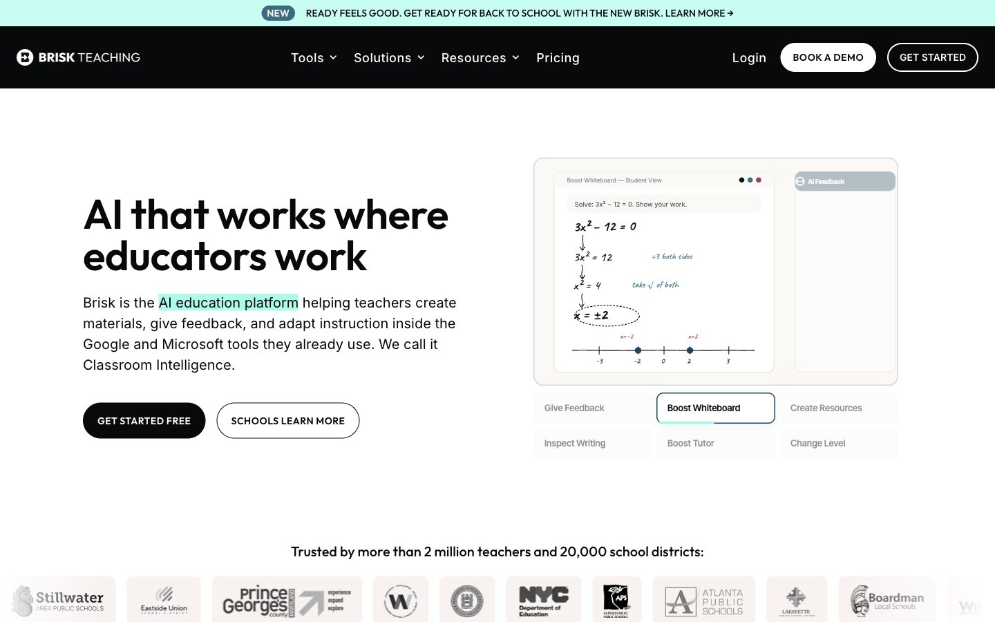 Brisk Teaching landing page led by AI that works where educators work