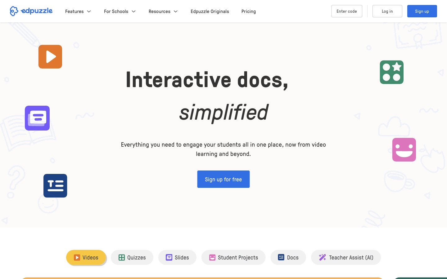 Edpuzzle public landing page presenting teacher tools and a free start