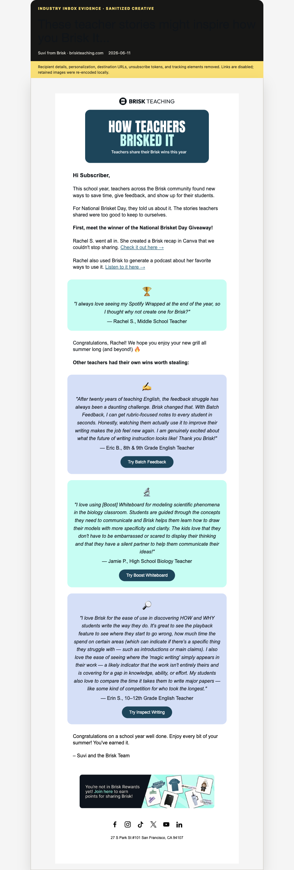 Sanitized Brisk Teaching marketing email collecting teacher stories about saved time, feedback, and classroom wins