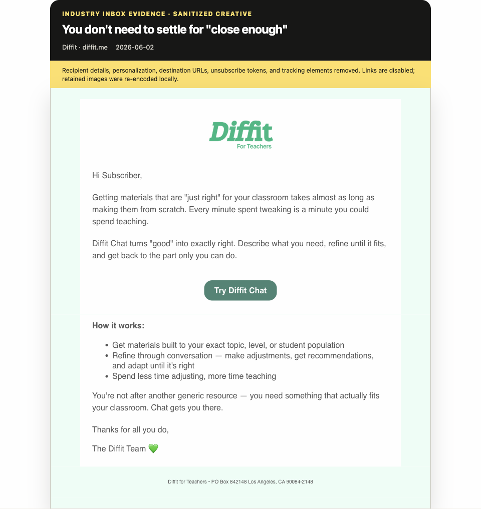 Sanitized Diffit marketing email promising materials that fit the classroom exactly
