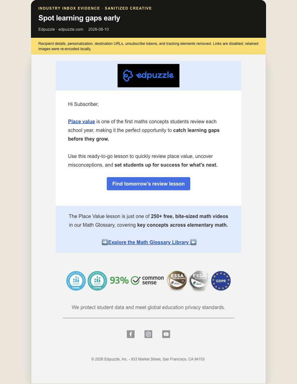 Sanitized Edpuzzle marketing email promising to catch learning gaps before they grow