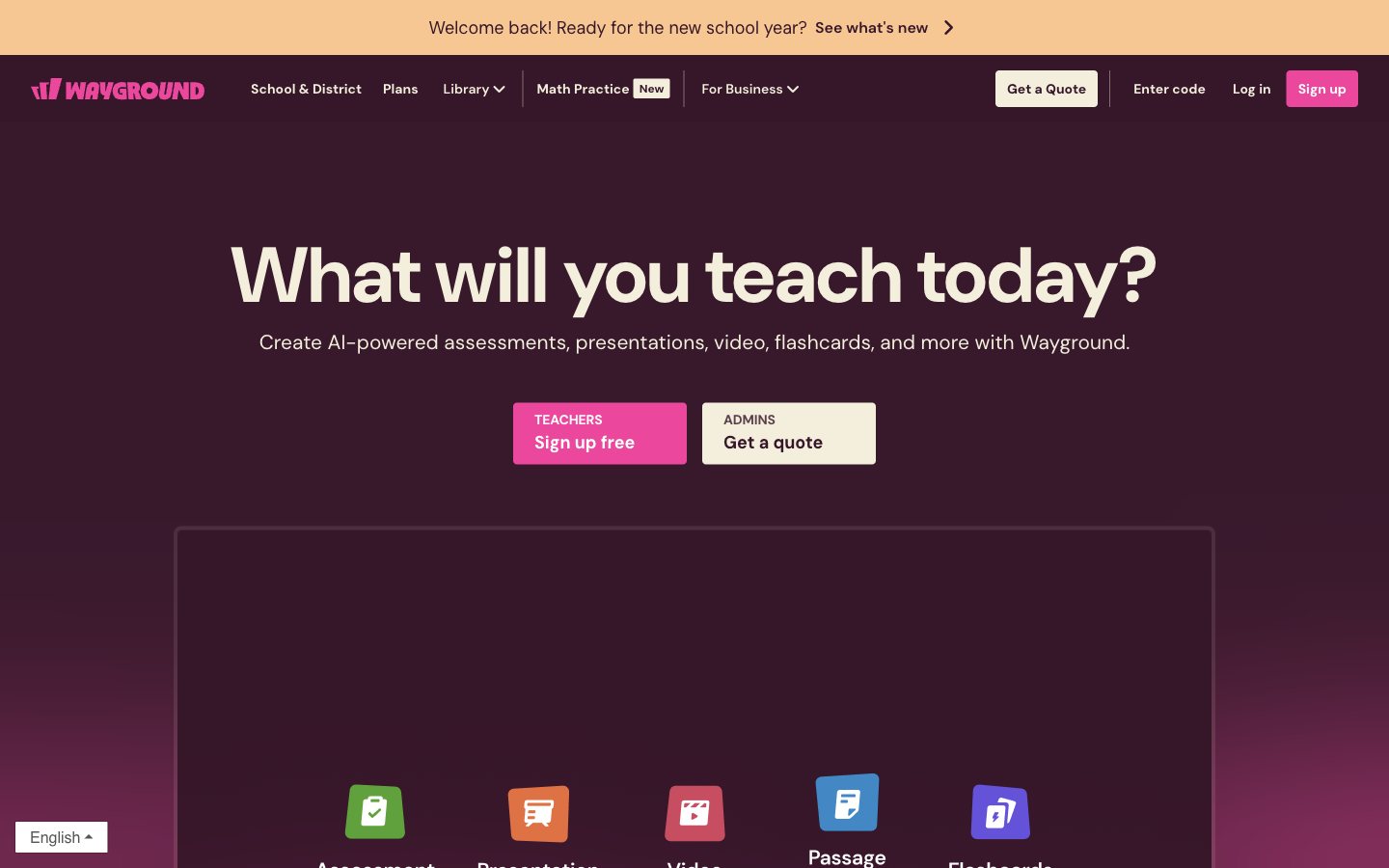 Wayground landing page asking What will you teach today and describing AI-powered assessments and presentations