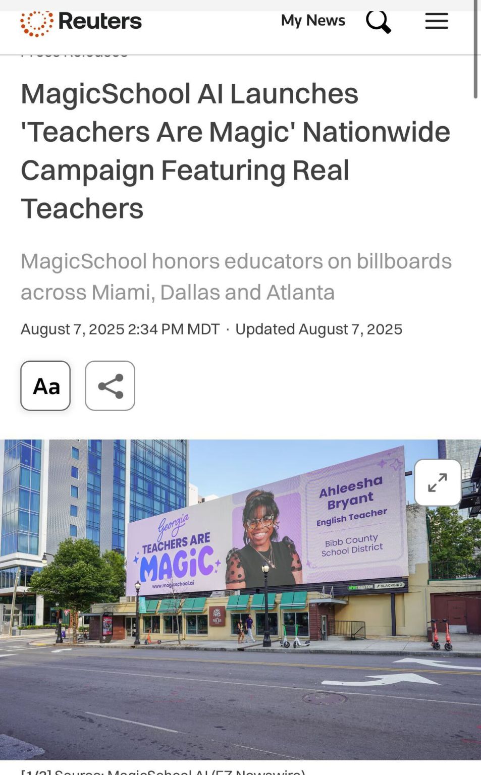 Public campaign capture showing a MagicSchool Teachers Are Magic billboard featuring English teacher Ahleesha Bryant in Atlanta