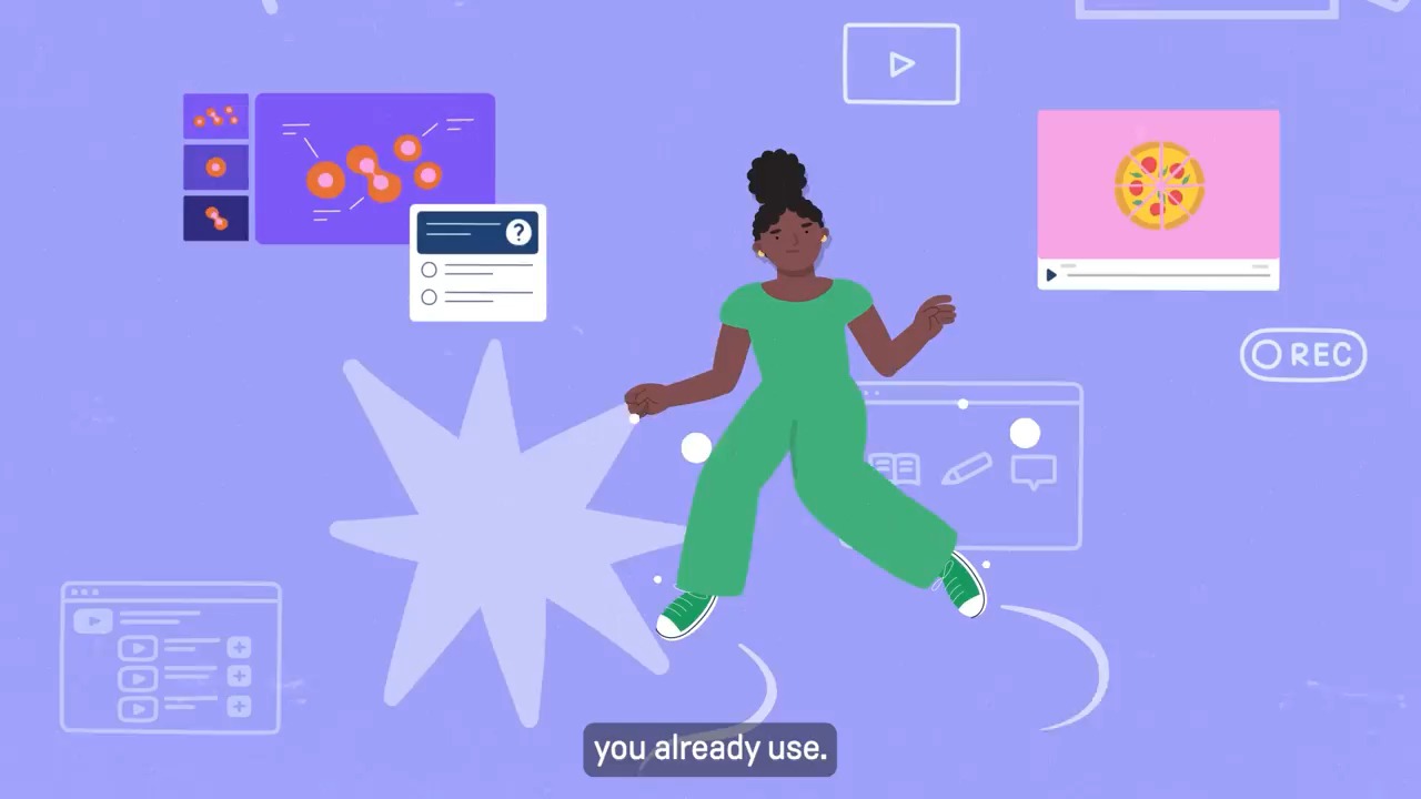 Edpuzzle official social video frame with an illustrated educator, purple classroom fields, softened interface shapes, and a white sparkle burst
