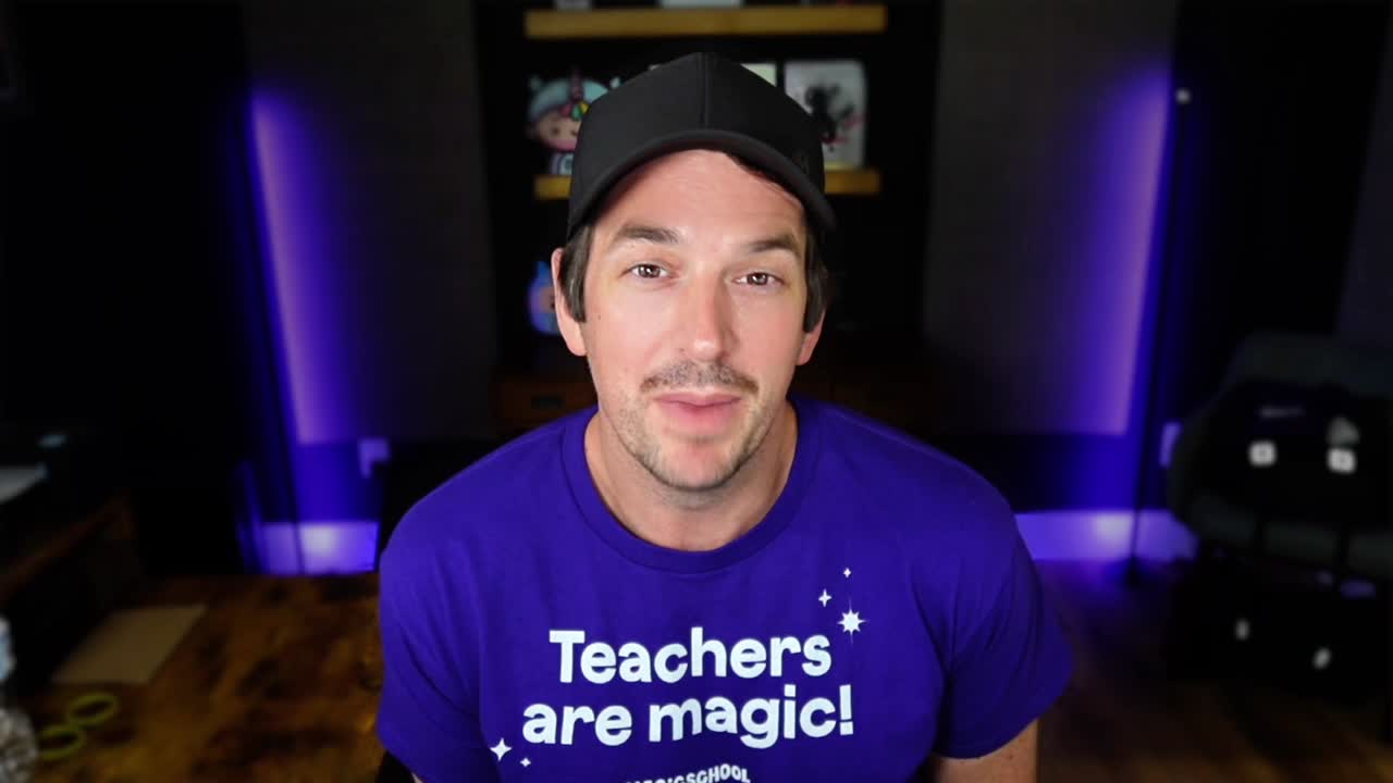 MagicSchool official social video cover with an educator wearing a purple Teachers are magic shirt