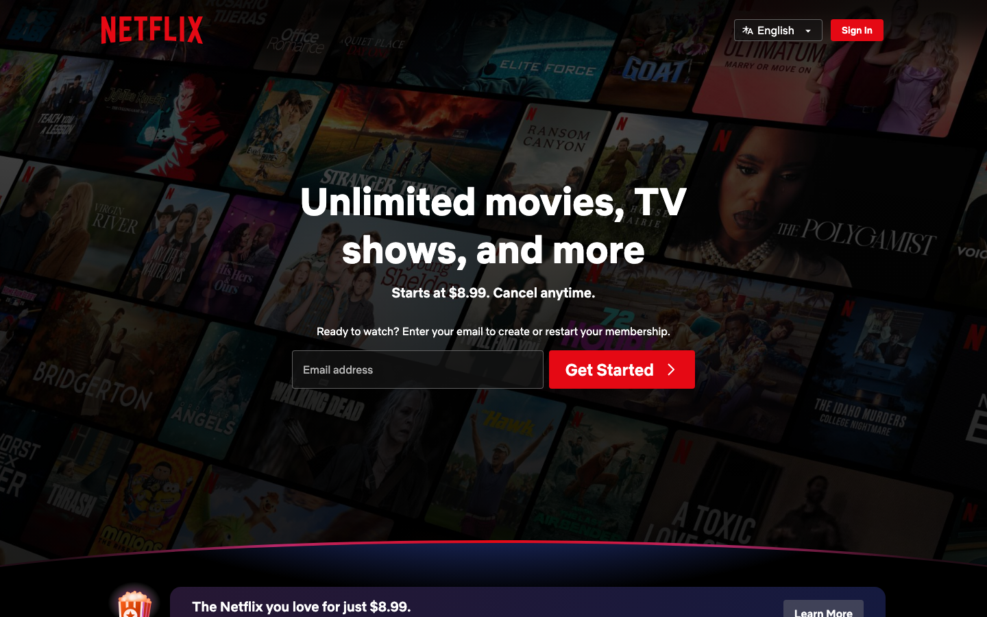 Netflix consumer homepage with a content mosaic and the headline Unlimited movies, TV shows, and more