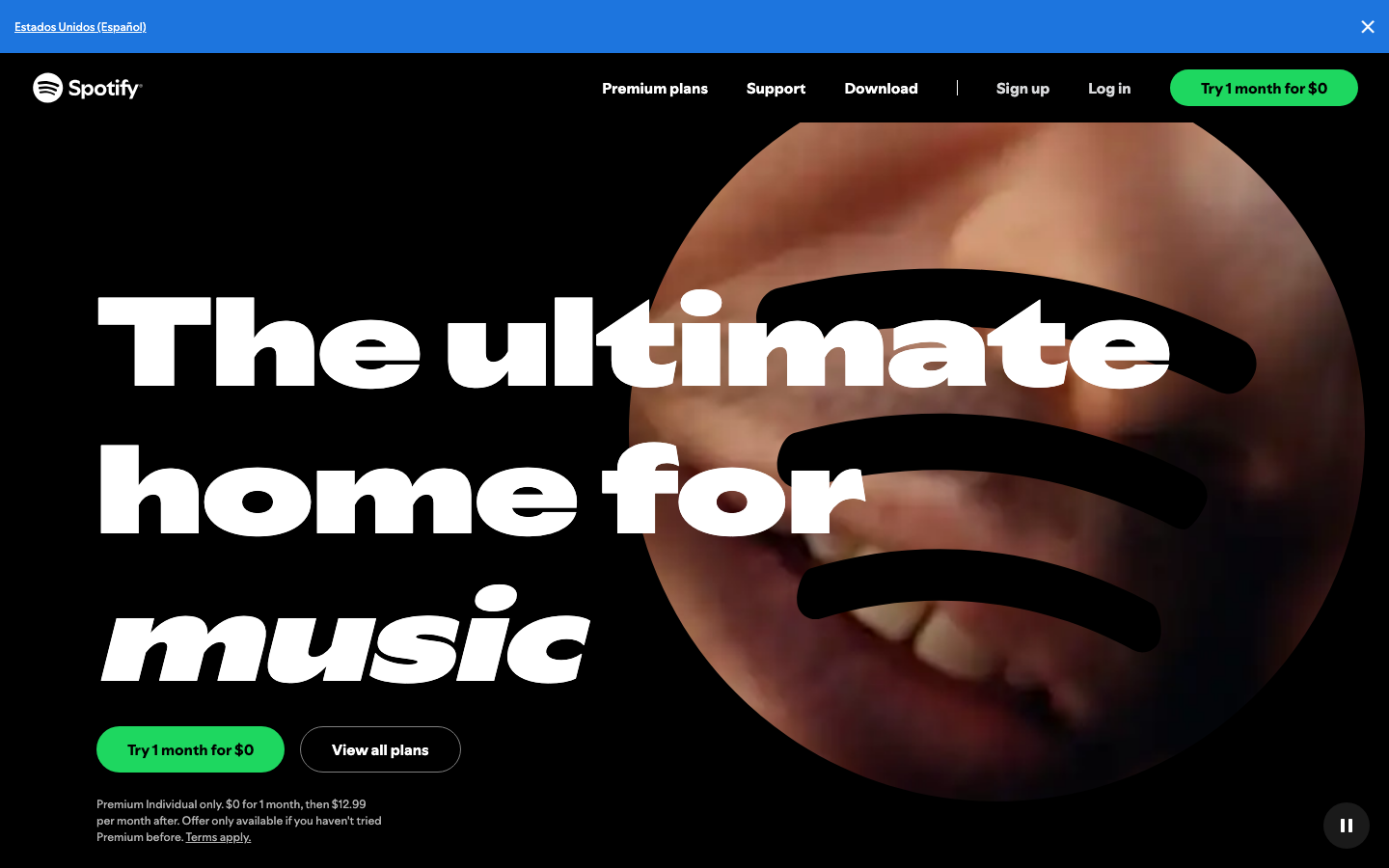 Spotify Premium landing page with the headline The ultimate home for music and an expressive Spotify mark