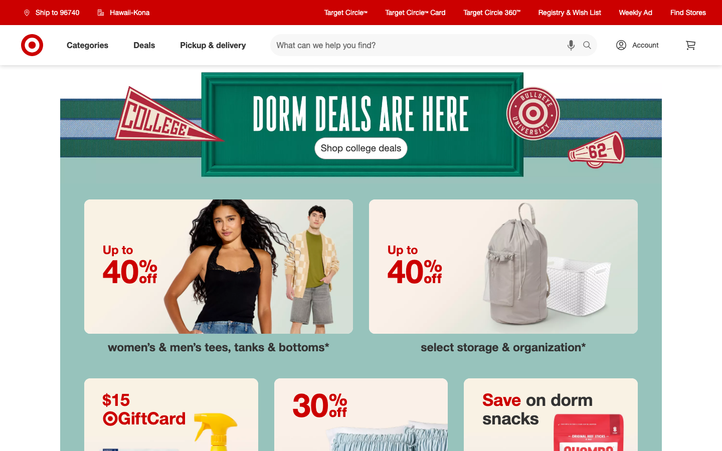 Target consumer homepage with a collegiate seasonal world and the headline Dorm deals are here